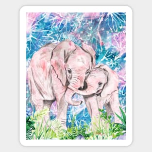 baby elephant with his mama in the forest Sticker